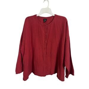Eileen Fisher 100% Irish Linen Red Oversized Boxy Fit Button Front Top Large